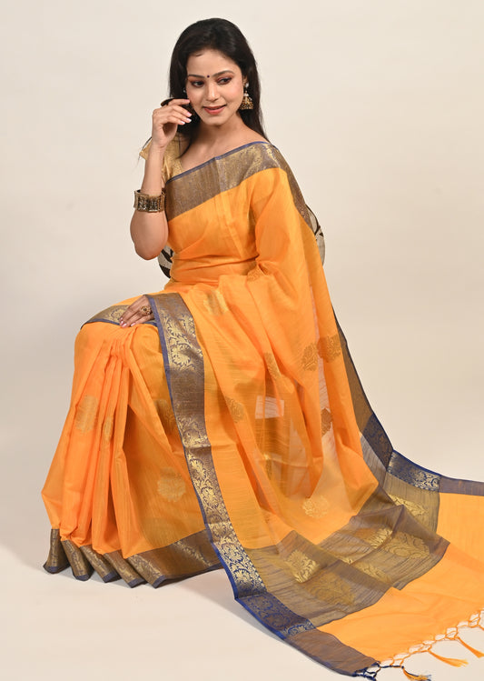 Banarasi Vastra Silky Lenin Saree With Zari Woven Floral Motifs Border Yellow