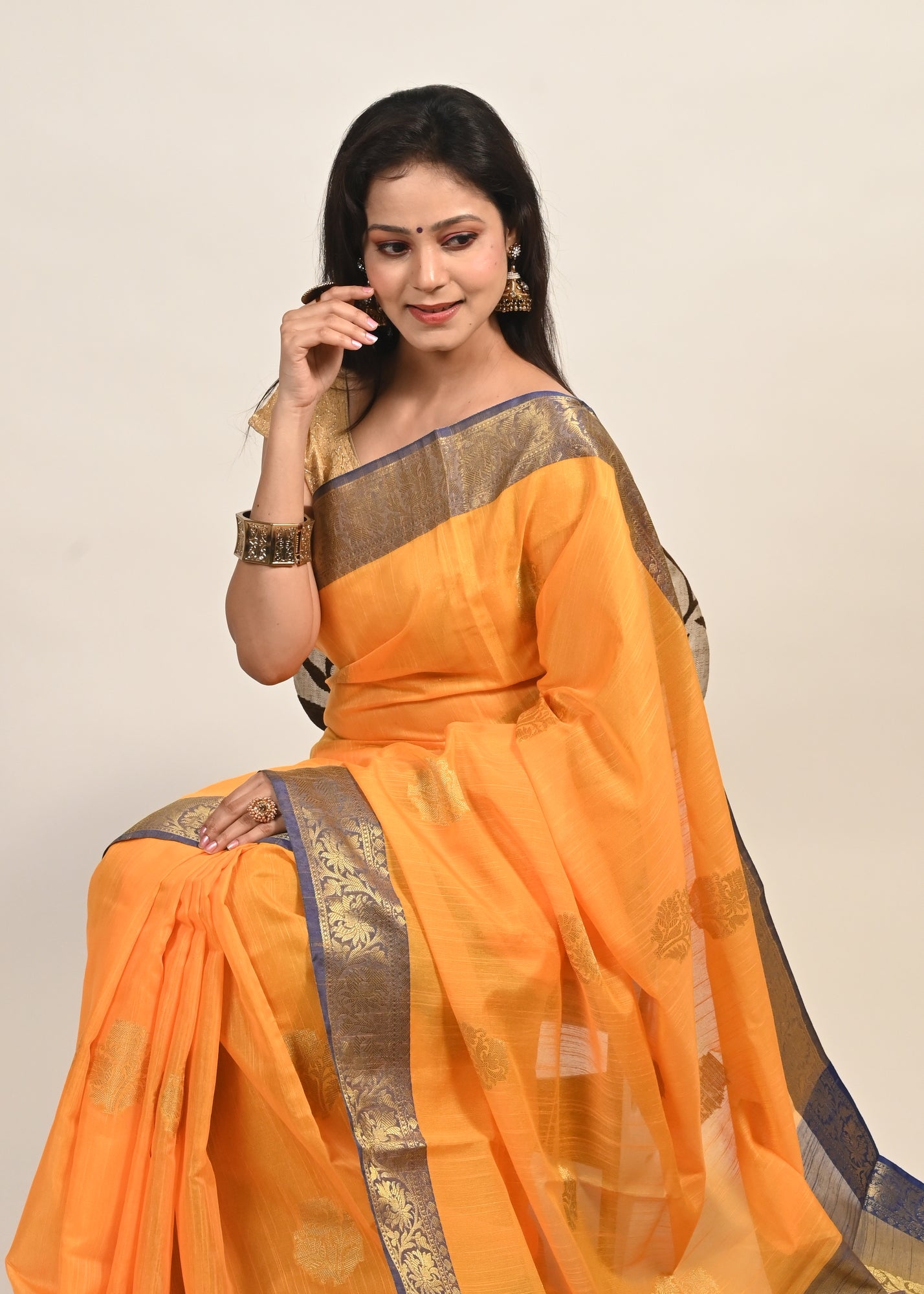 Banarasi Vastra Silky Lenin Saree With Zari Woven Floral Motifs Border Yellow