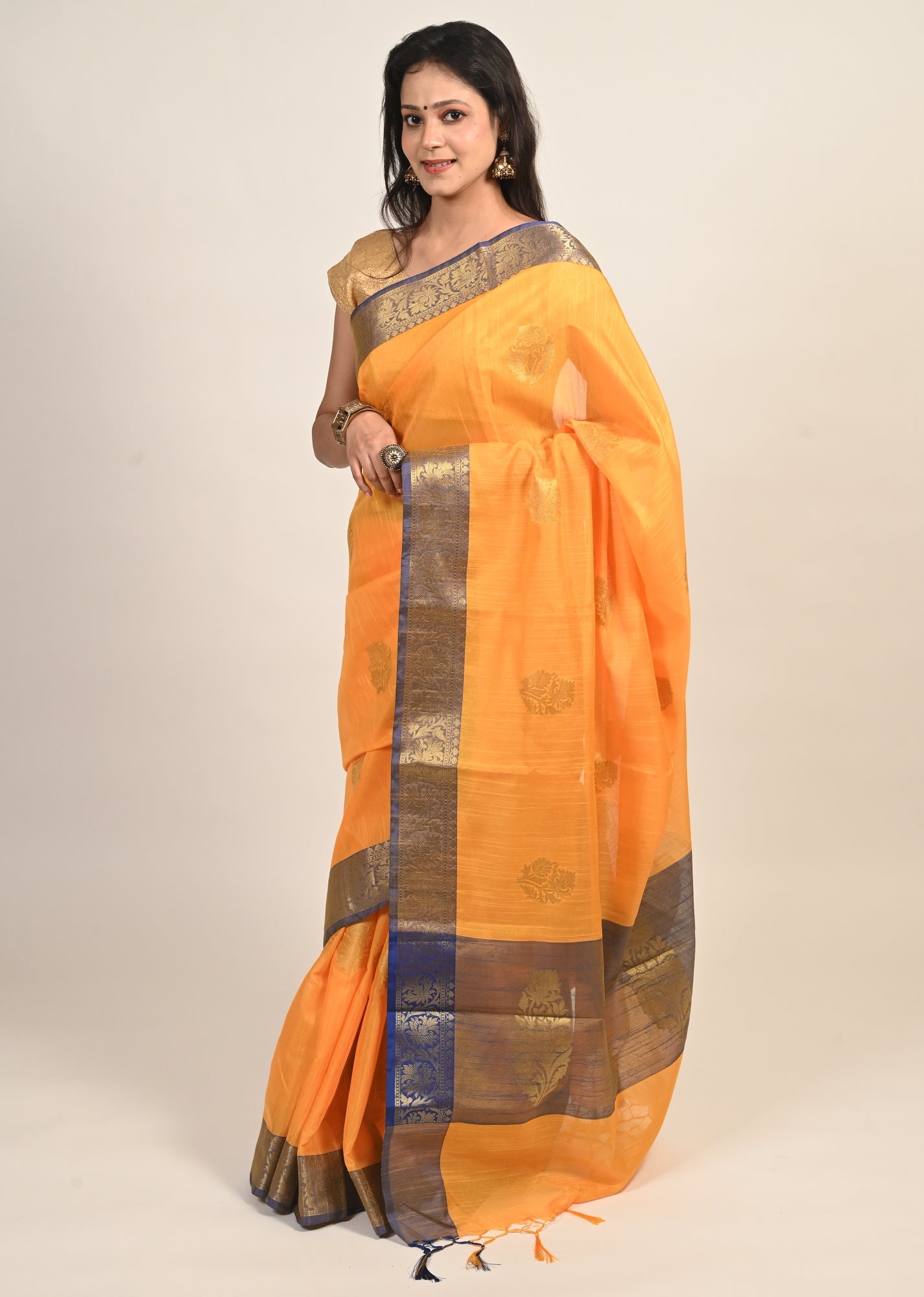 Banarasi Vastra Silky Lenin Saree With Zari Woven Floral Motifs Border Yellow