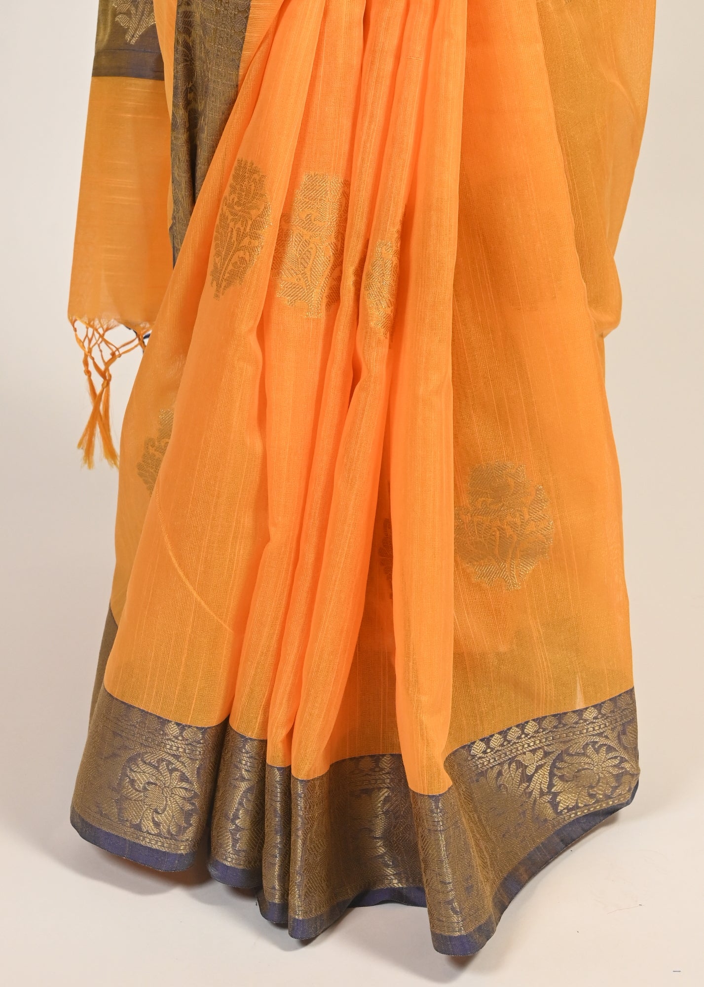 Banarasi Vastra Silky Lenin Saree With Zari Woven Floral Motifs Border Yellow