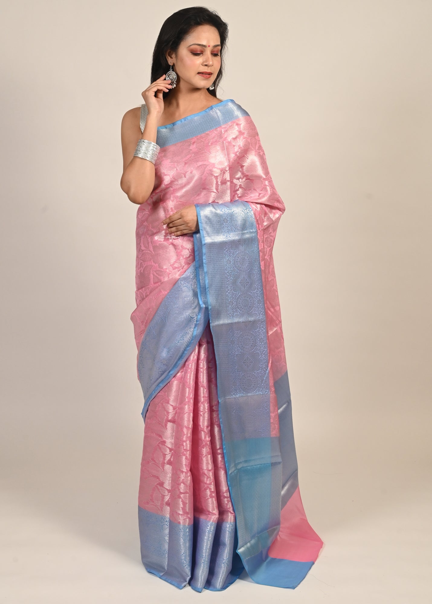 Banarasi Vastra Chanderi Silk Woven Saree with Silver Zari Brocade Floral Zaal