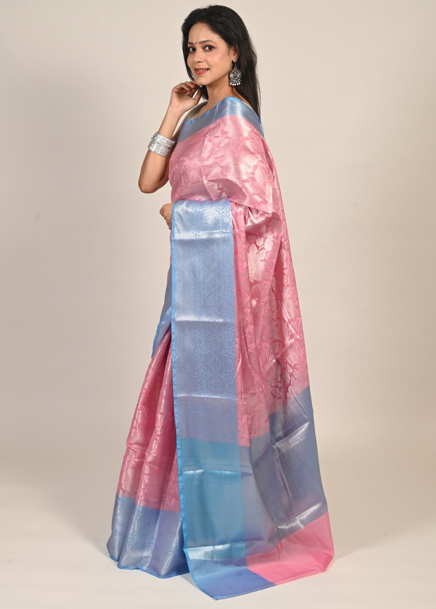 Banarasi Vastra Chanderi Silk Woven Saree with Silver Zari Brocade Floral Zaal