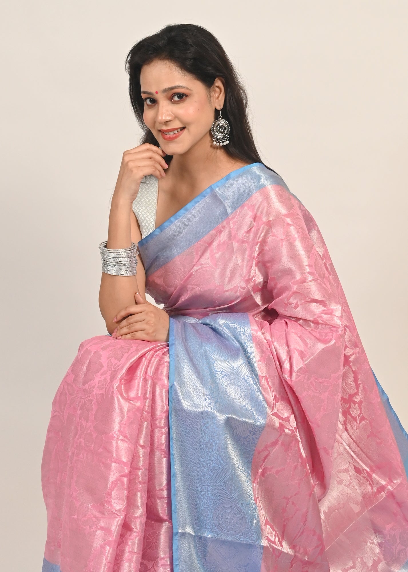 Banarasi Vastra Chanderi Silk Woven Saree with Silver Zari Brocade Floral Zaal