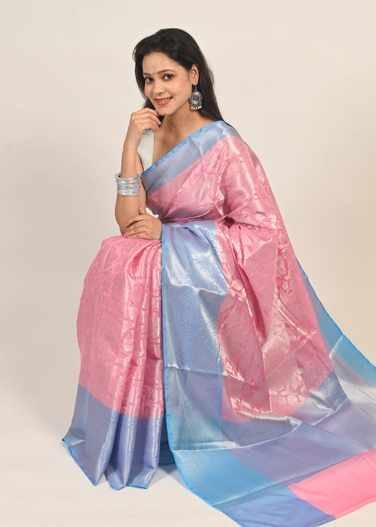 Banarasi Vastra Chanderi Silk Woven Saree with Silver Zari Brocade Floral Zaal