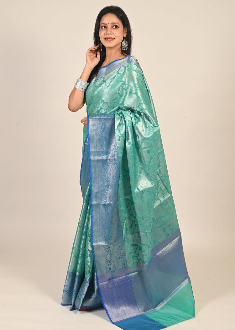 Banarasi Vastra Chanderi Silk Woven Saree with Silver Zari Brocade Floral Zaal