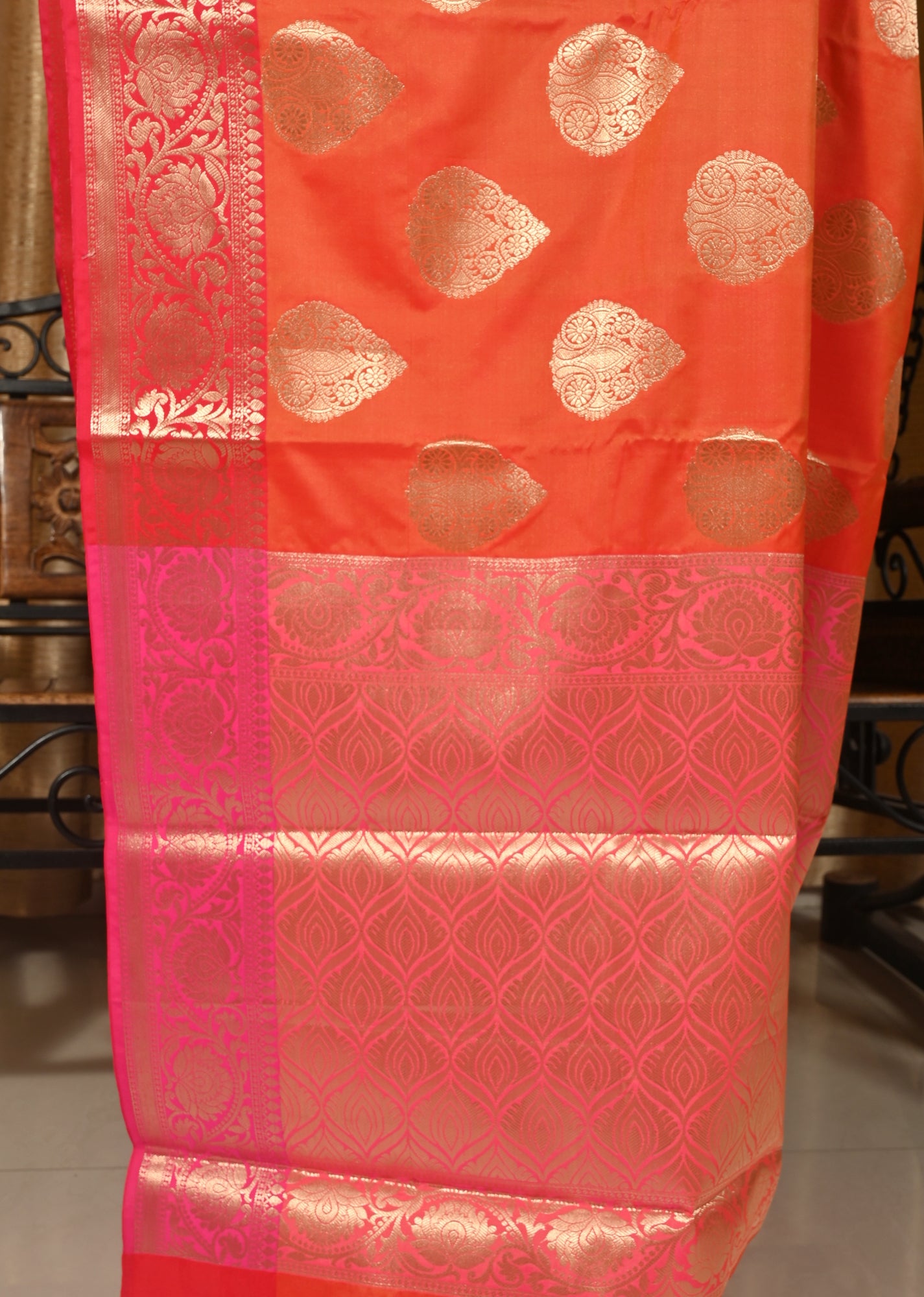 Banarasi Vastra Semi Katan Silk Woven Saree Golden Zari Buta Floral Border Orang