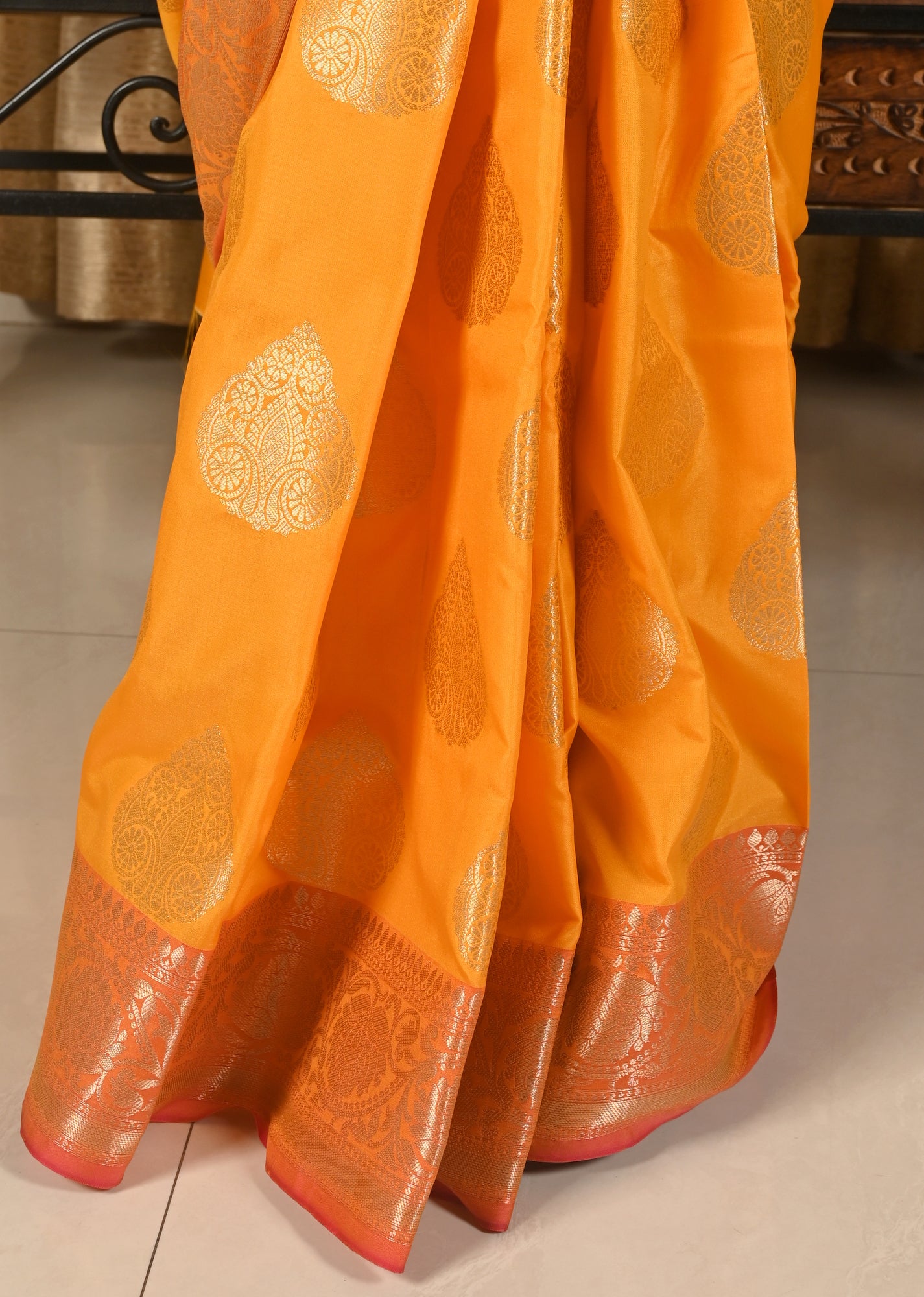 Banarasi Vastra Semi Katan Silk Woven SarI Golden Zari Buta Floral Border Yellow