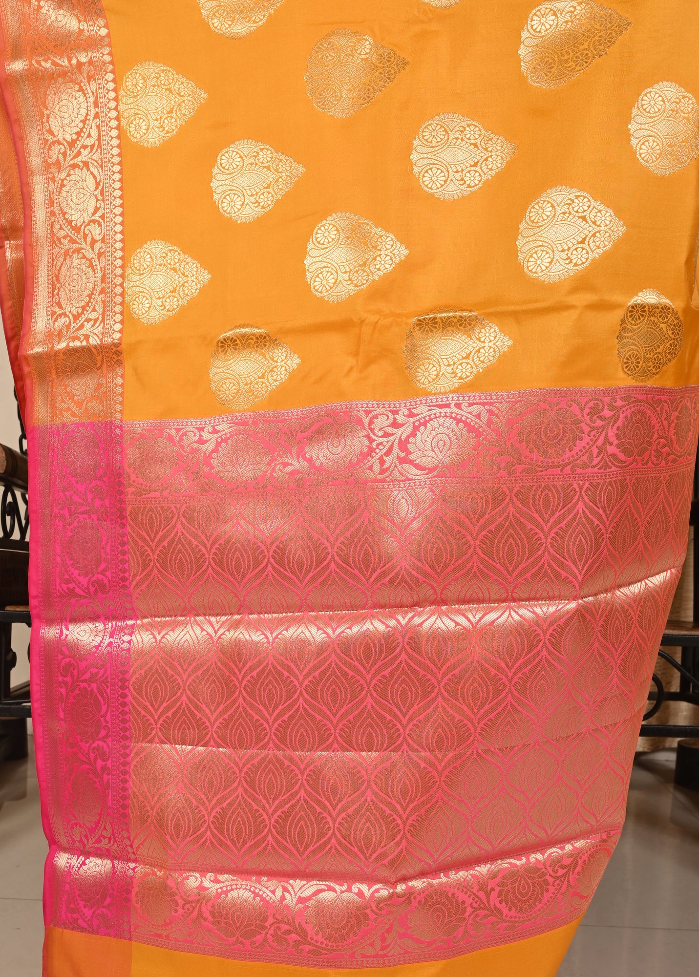 Banarasi Vastra Semi Katan Silk Woven SarI Golden Zari Buta Floral Border Yellow