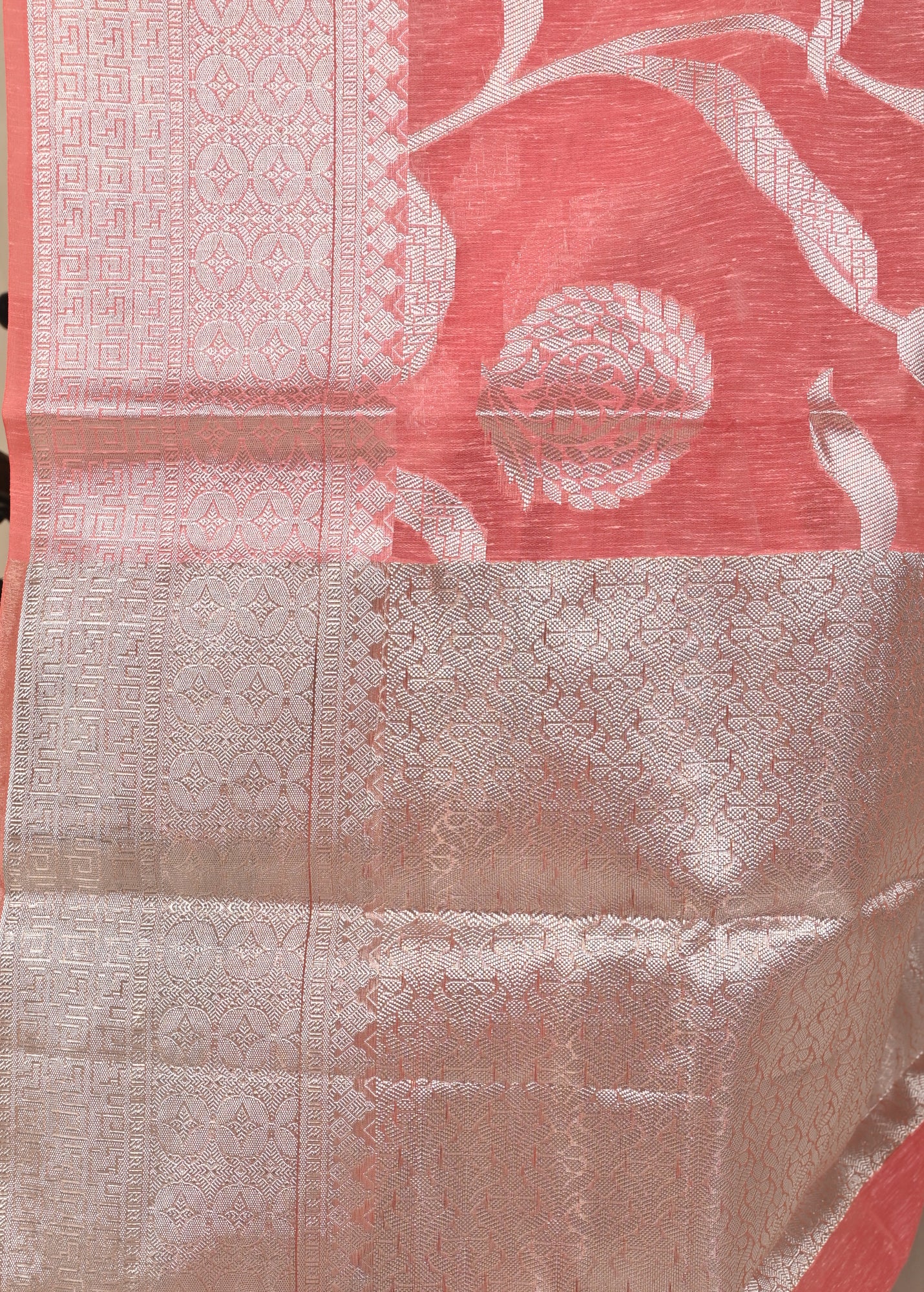 Banarasi Vastra Linen Cotton Silver Zari Woven Pink Saree with Skirt Border Sari