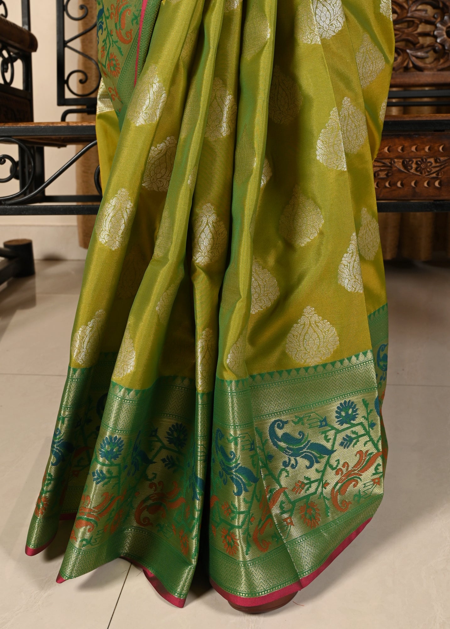 Banarasi Vastra Semi Katan Silk Saree Silver Buta Broad Paithani Border Green