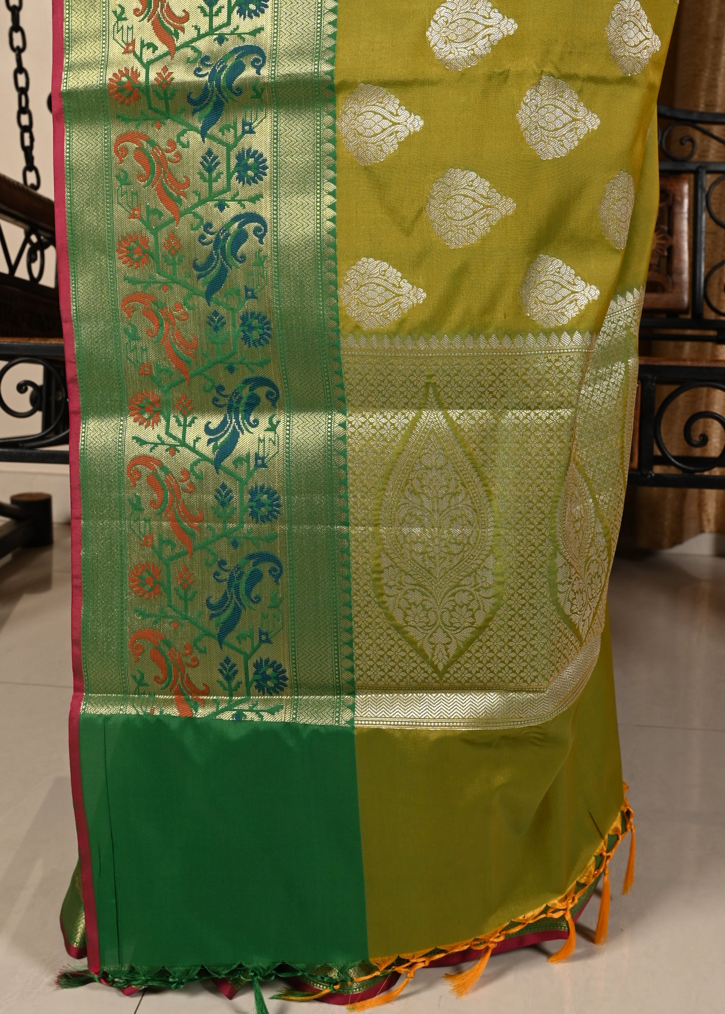Banarasi Vastra Semi Katan Silk Saree Silver Buta Broad Paithani Border Green
