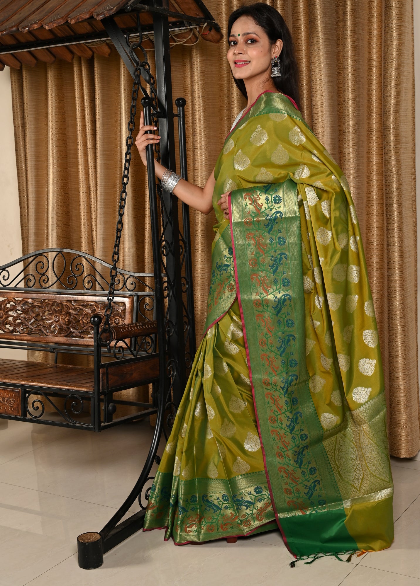 Banarasi Vastra Semi Katan Silk Saree Silver Buta Broad Paithani Border Green