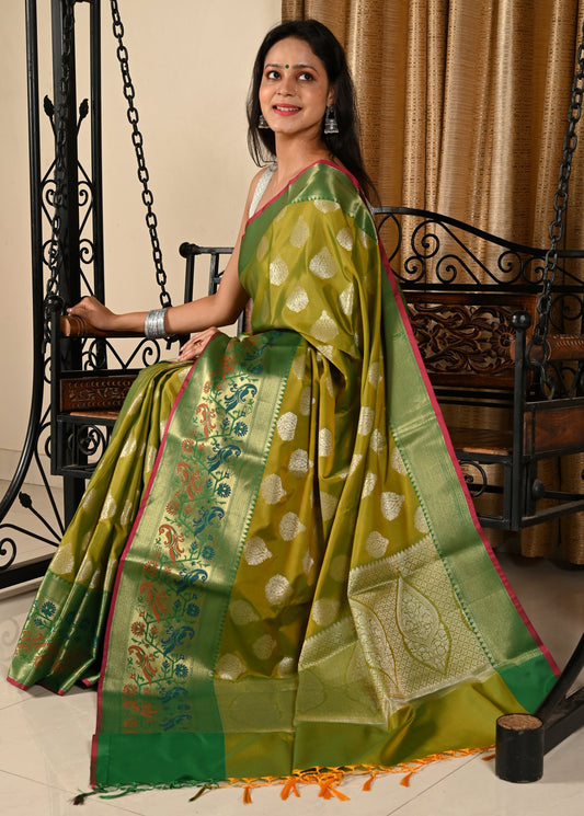 Banarasi Vastra Semi Katan Silk Saree Silver Buta Broad Paithani Border Green