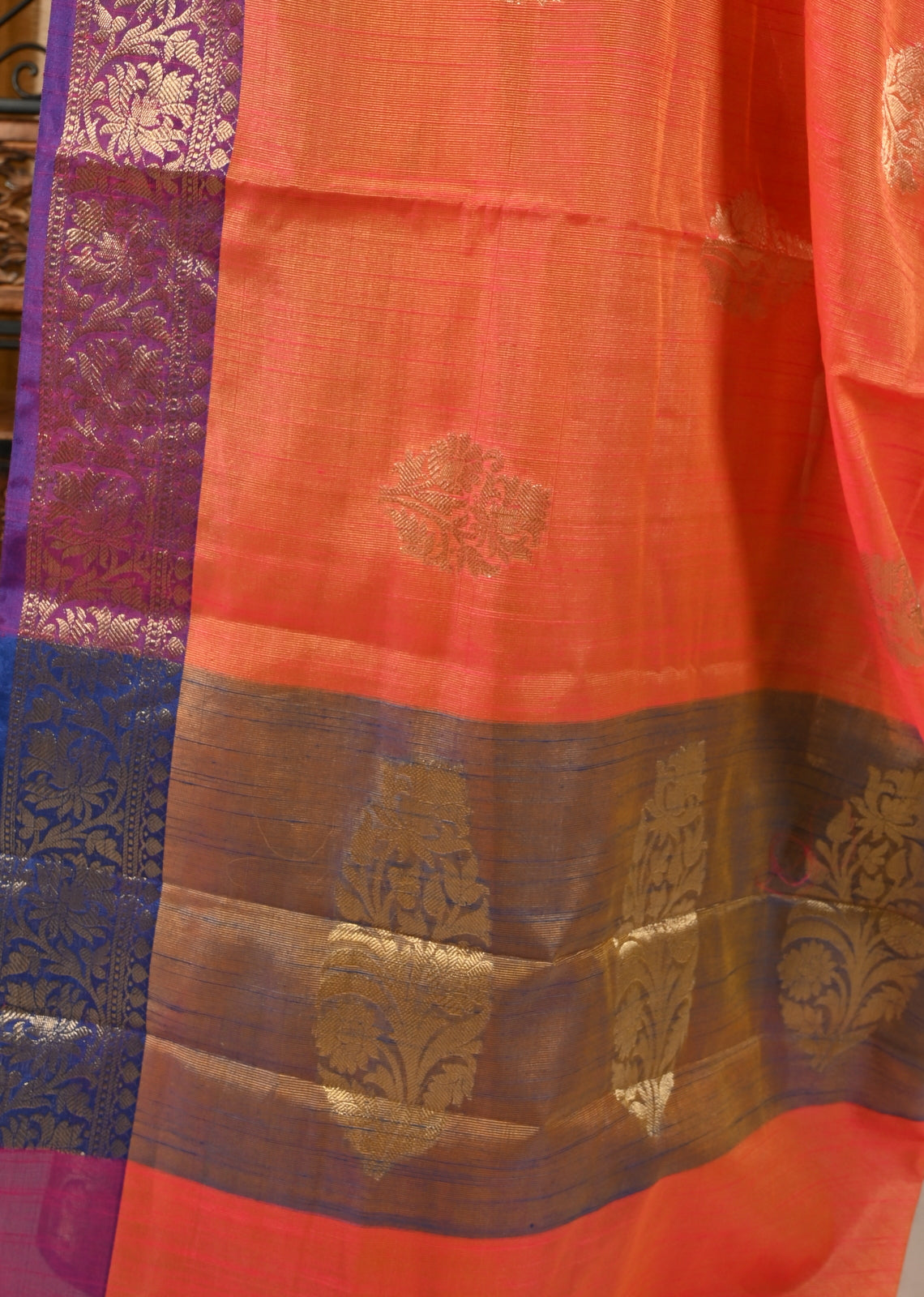Banarasi Vastra Silky Lenin Saree With Zari Woven Floral Motifs Border Peach