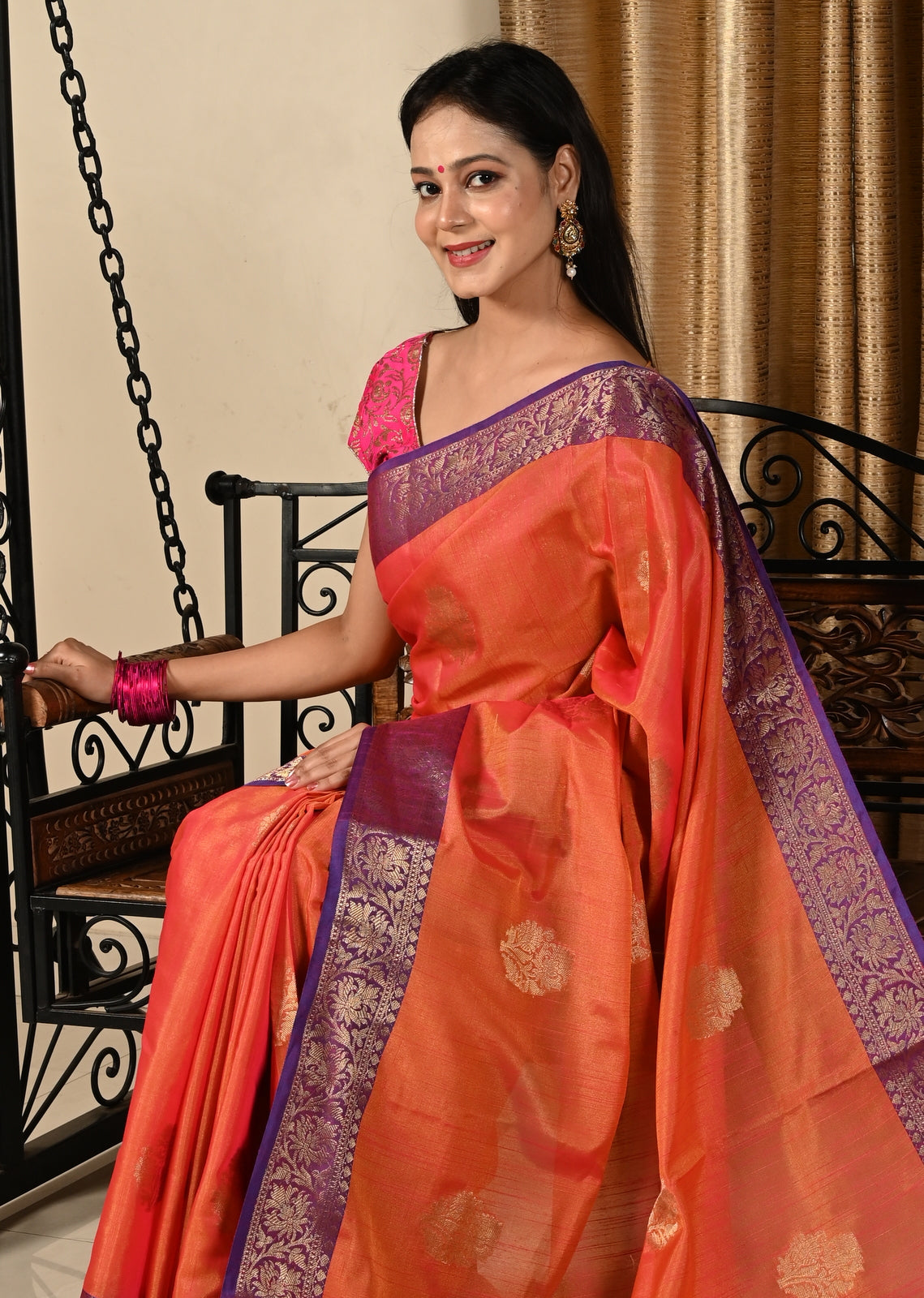 Banarasi Vastra Silky Lenin Saree With Zari Woven Floral Motifs Border Peach