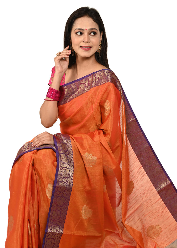 Banarasi Vastra Silky Lenin Saree With Zari Woven Floral Motifs Border Rust