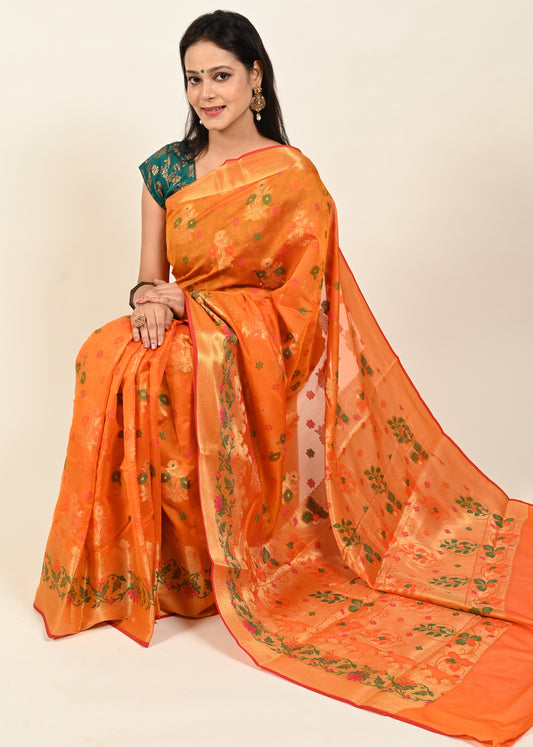 Banarasi Vastra Chanderi Silk Floral Meena Buta Saree Zari Woven Skirt Border