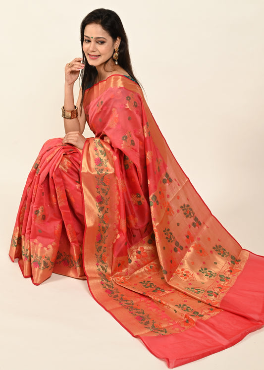 Banarasi Vastra Chanderi Silk Floral Meena Buta Saree Zari Woven Skirt Border