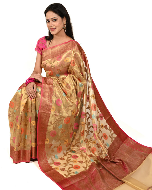 Banarasi Vastra Tissue Silk Zari & Resham Woven Floral Zari Zaal Saree in Amber