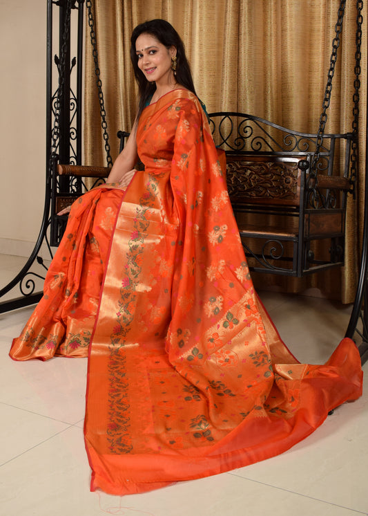 Banarasi Vastra Chanderi Silk Floral Meena Buta Saree Zari Woven Skirt Border