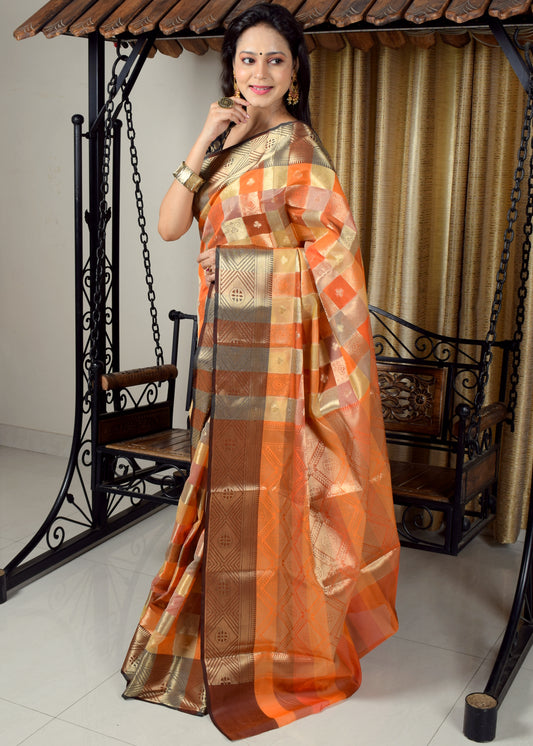 Banarasi Vastra Chanderi Silk Gharchola Pattern Zari Woven Saree Orange Saree