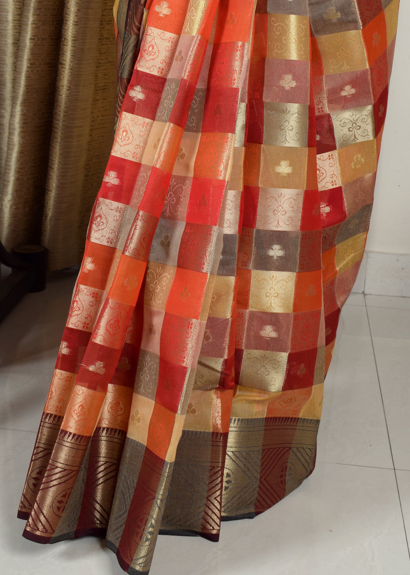 Banarasi Vastra Chanderi Silk Gharchola Pattern Zari Woven Saree Rusty Red Saree