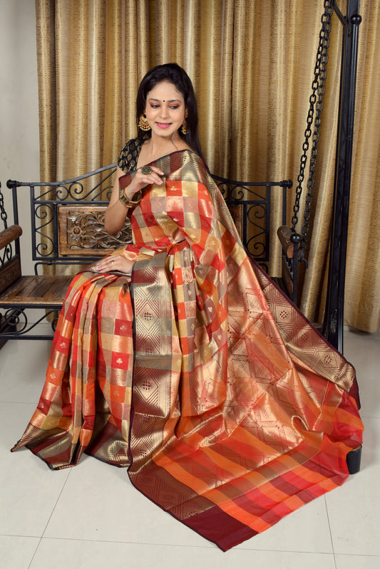 Banarasi Vastra Chanderi Silk Gharchola Pattern Zari Woven Saree Rusty Red Saree