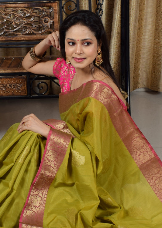 Banarasi Vastra Silky Lenin Saree With Zari Woven Floral Motifs Border Green