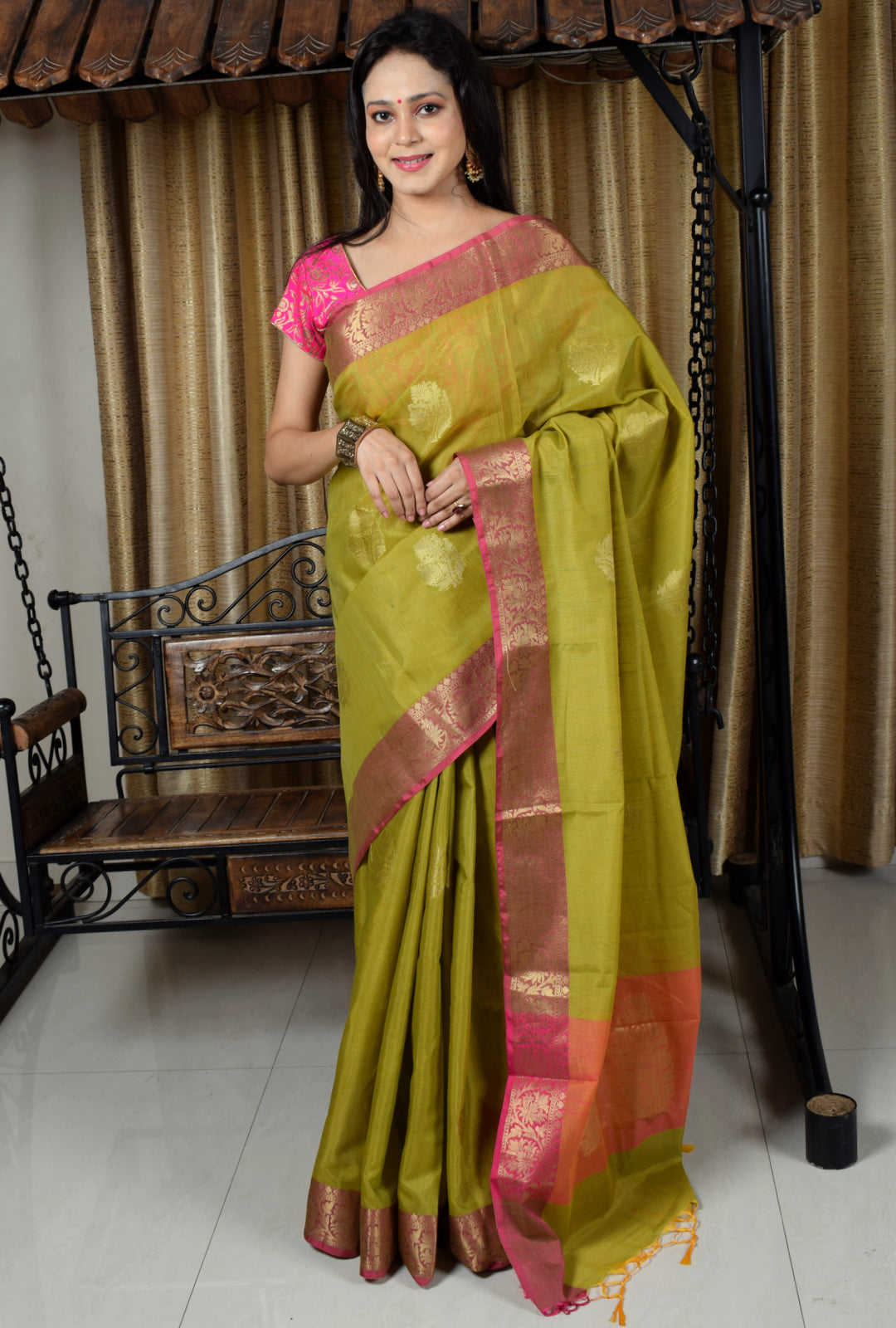 Banarasi Vastra Silky Lenin Saree With Zari Woven Floral Motifs Border Green