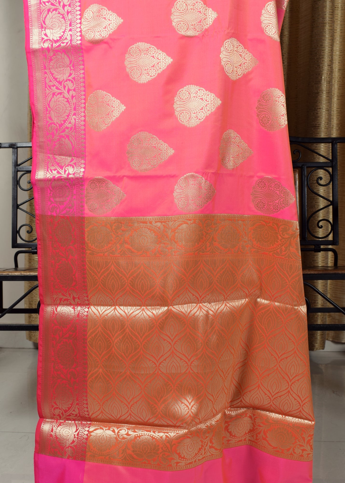Banarasi Vastra Semi Katan Silk Woven Saree Golden Zari Buta Floral Border Pink