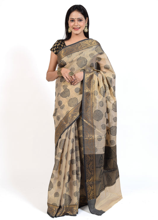Banarasi Vastra Tissue Silk Baswada Zari Woven Saree Circle Light Brown & Gold