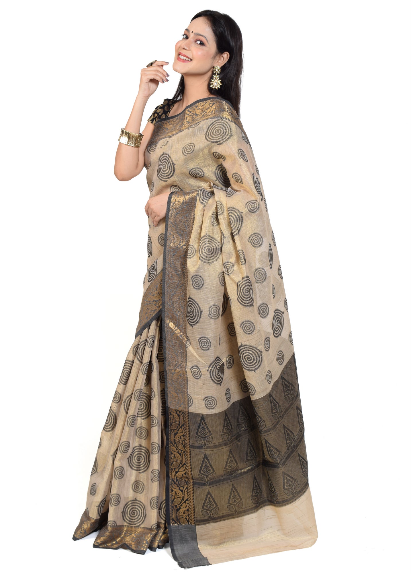 Banarasi Vastra Tissue Silk Baswada Zari Woven Saree Circle Light Brown & Gold