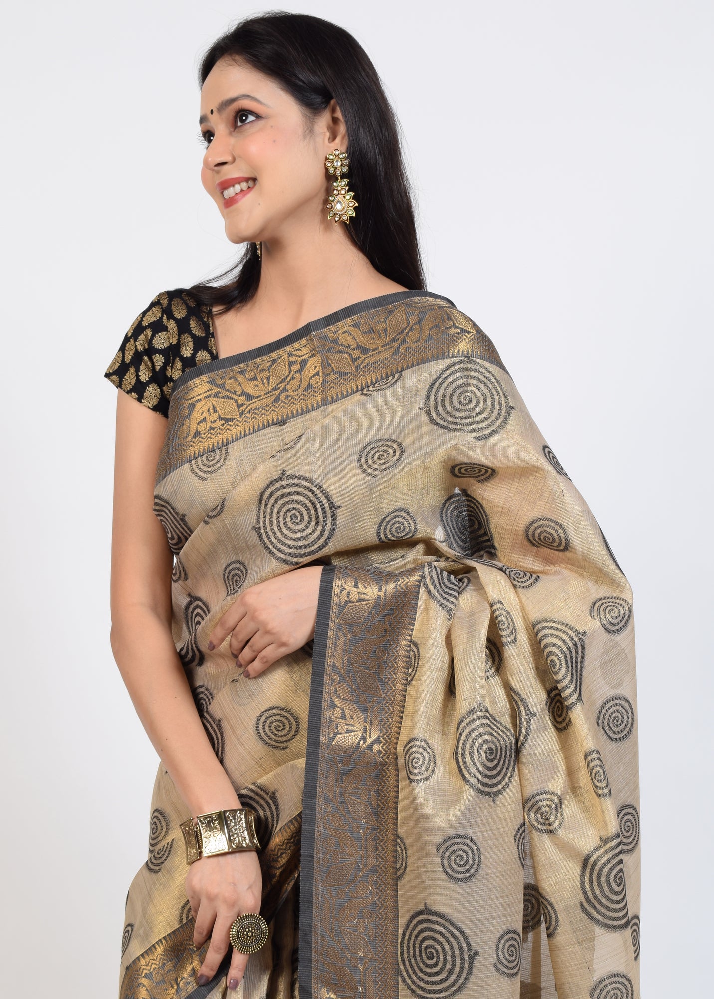 Banarasi Vastra Tissue Silk Baswada Zari Woven Saree Circle Light Brown & Gold