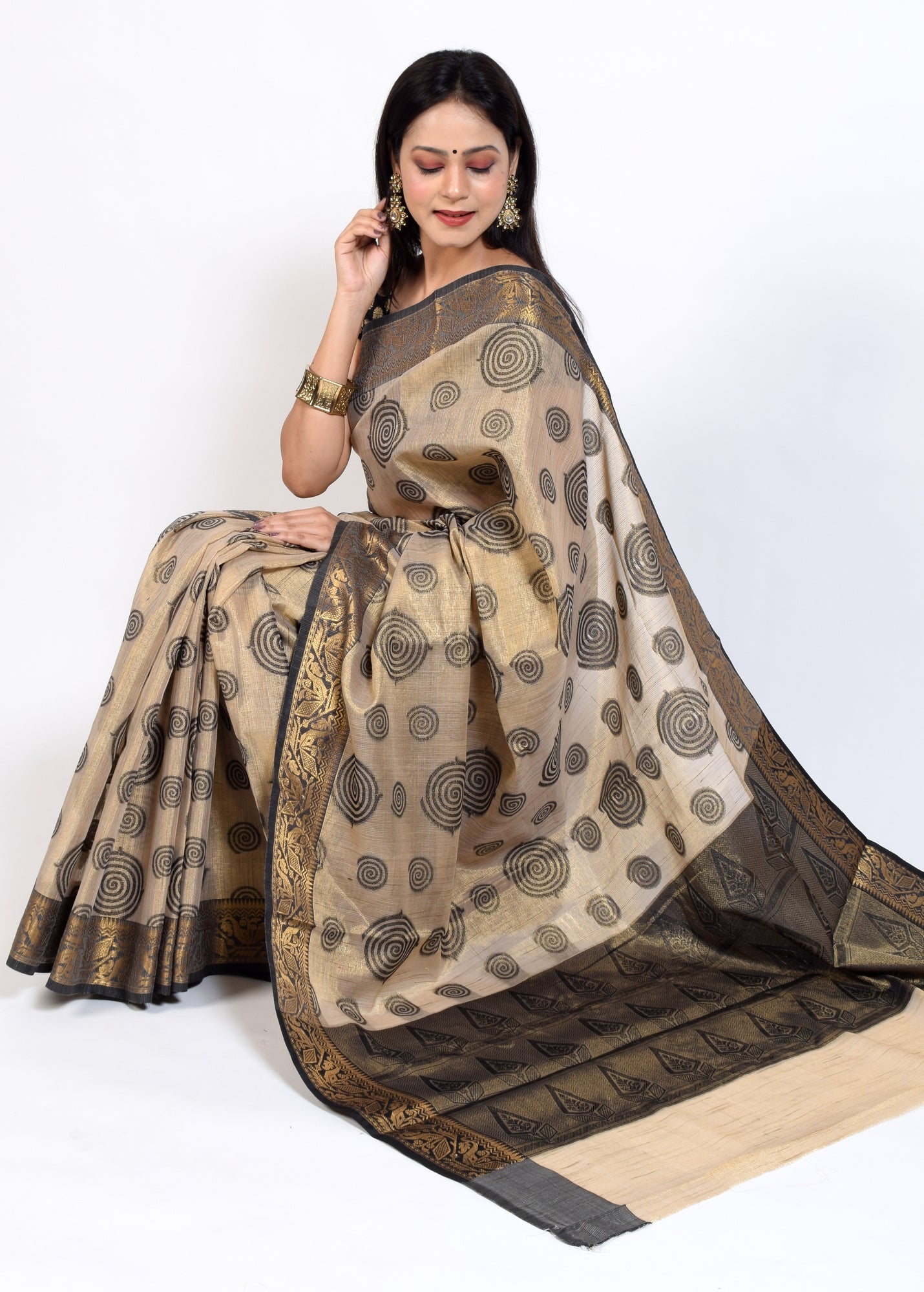 Banarasi Vastra Tissue Silk Baswada Zari Woven Saree Circle Light Brown & Gold