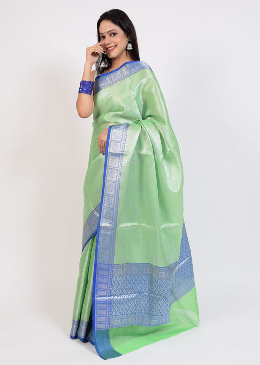 Banarasi Vastra Kora Silk Tanchoi Saree Zari Woven Floral Sari Contrast Border