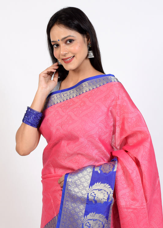 Banarasi Vastra Kora Silk Resham Tanchoi Saree with Zari Woven Skirt Border Pink