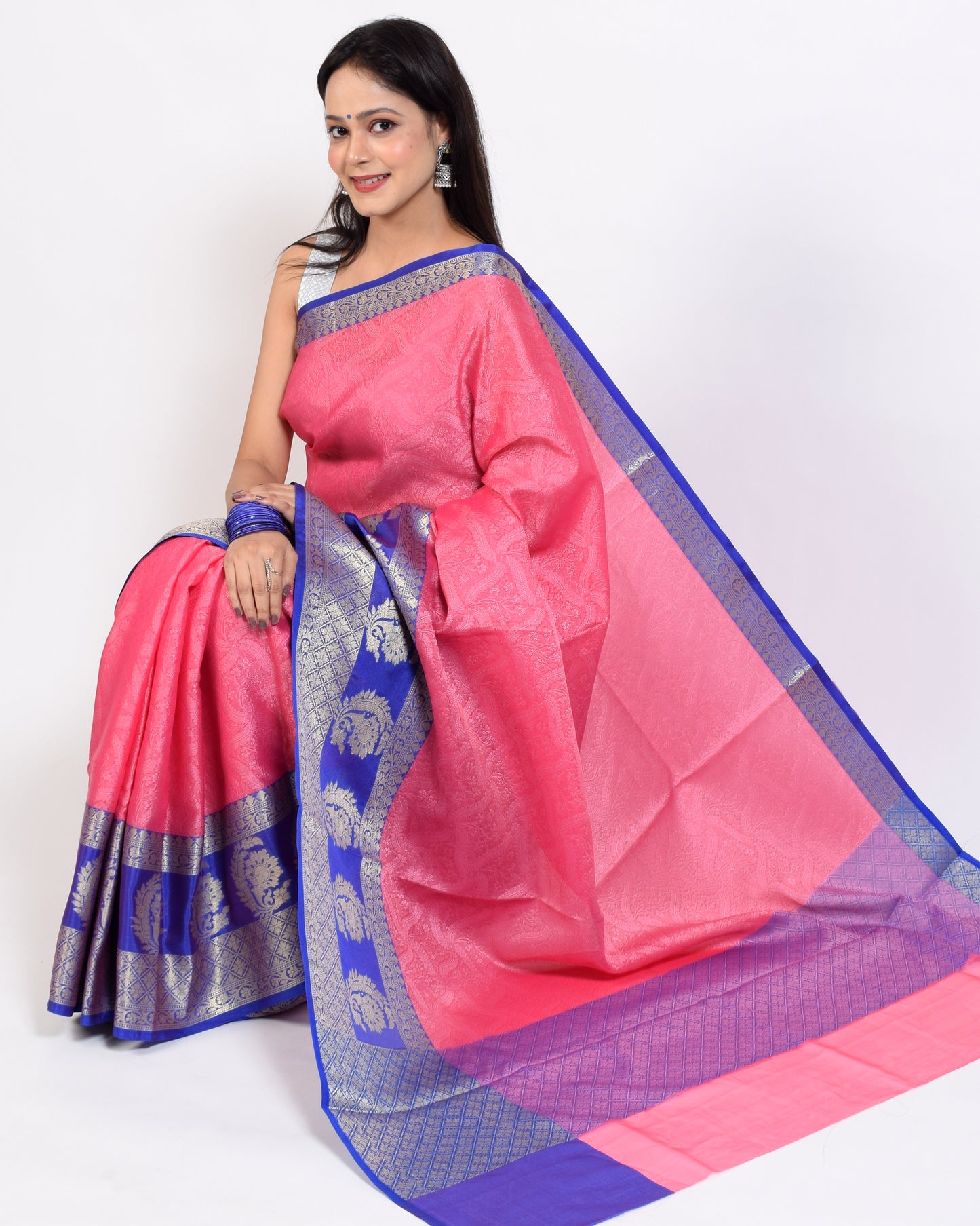 Banarasi Vastra Kora Silk Resham Tanchoi Saree with Zari Woven Skirt Border Pink