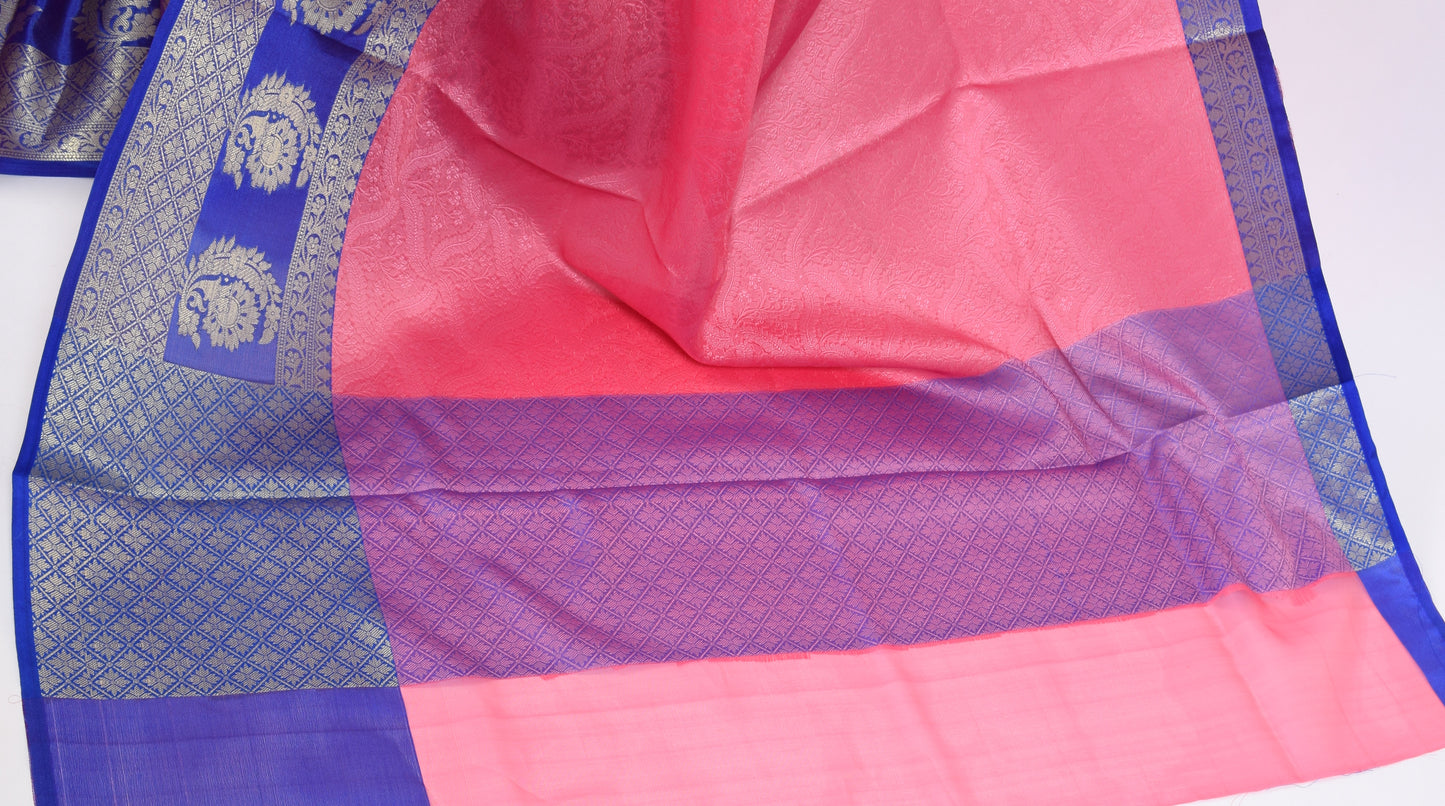 Banarasi Vastra Kora Silk Resham Tanchoi Saree with Zari Woven Skirt Border Pink