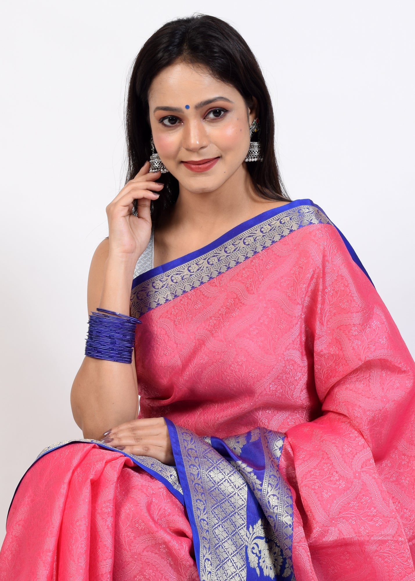 Banarasi Vastra Kora Silk Resham Tanchoi Saree with Zari Woven Skirt Border Pink