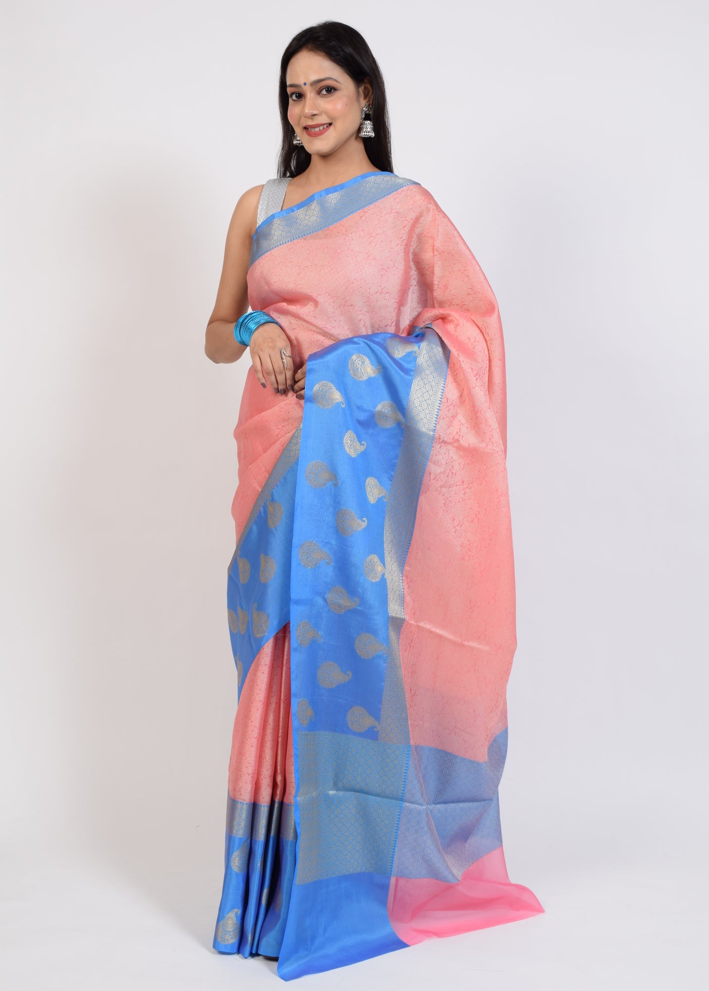 Banarasi Vastra Kora Silk Tanchoi Saree Resham Body Zari Woven Skirt Border Pink