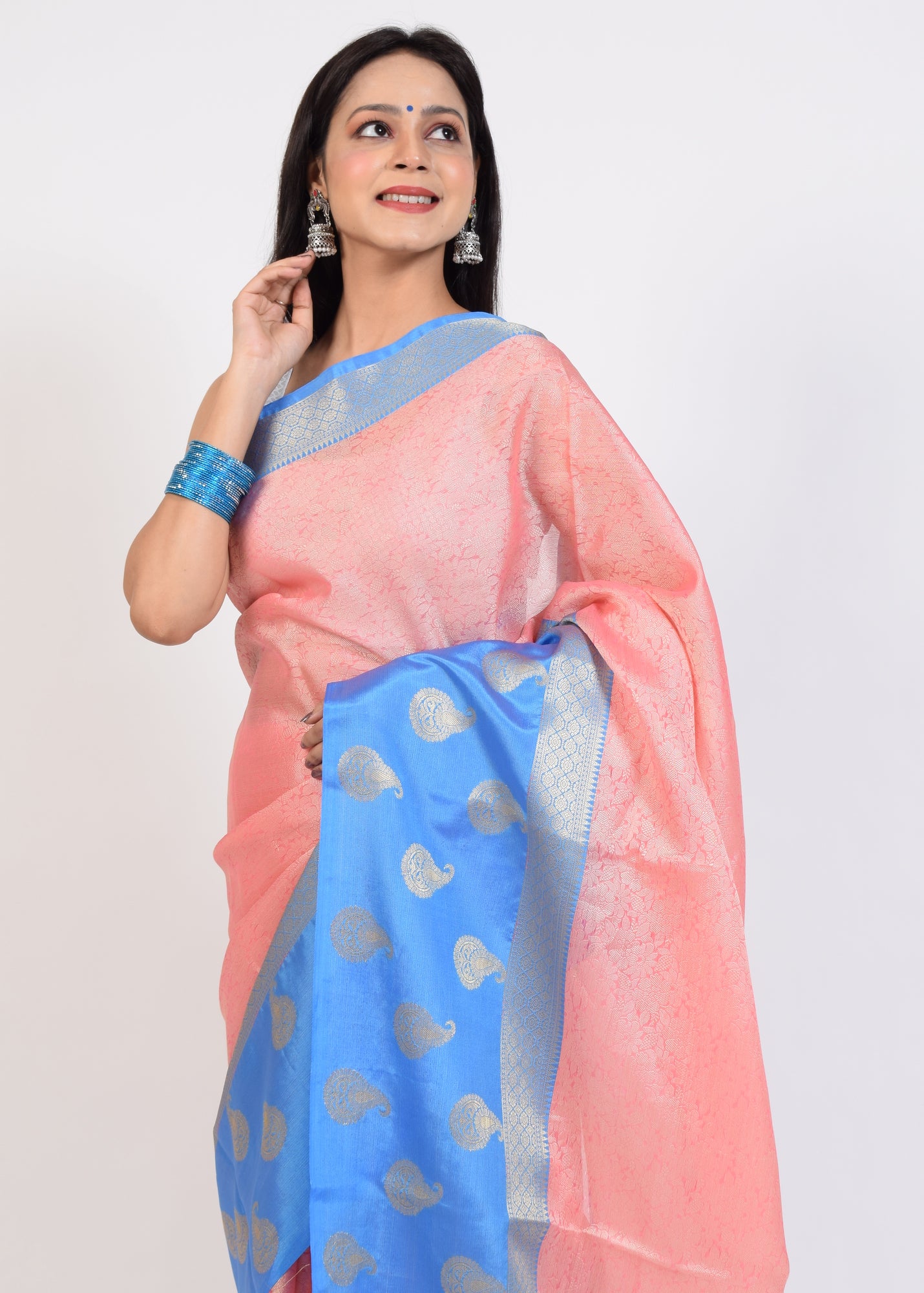 Banarasi Vastra Kora Silk Tanchoi Saree Resham Body Zari Woven Skirt Border Pink