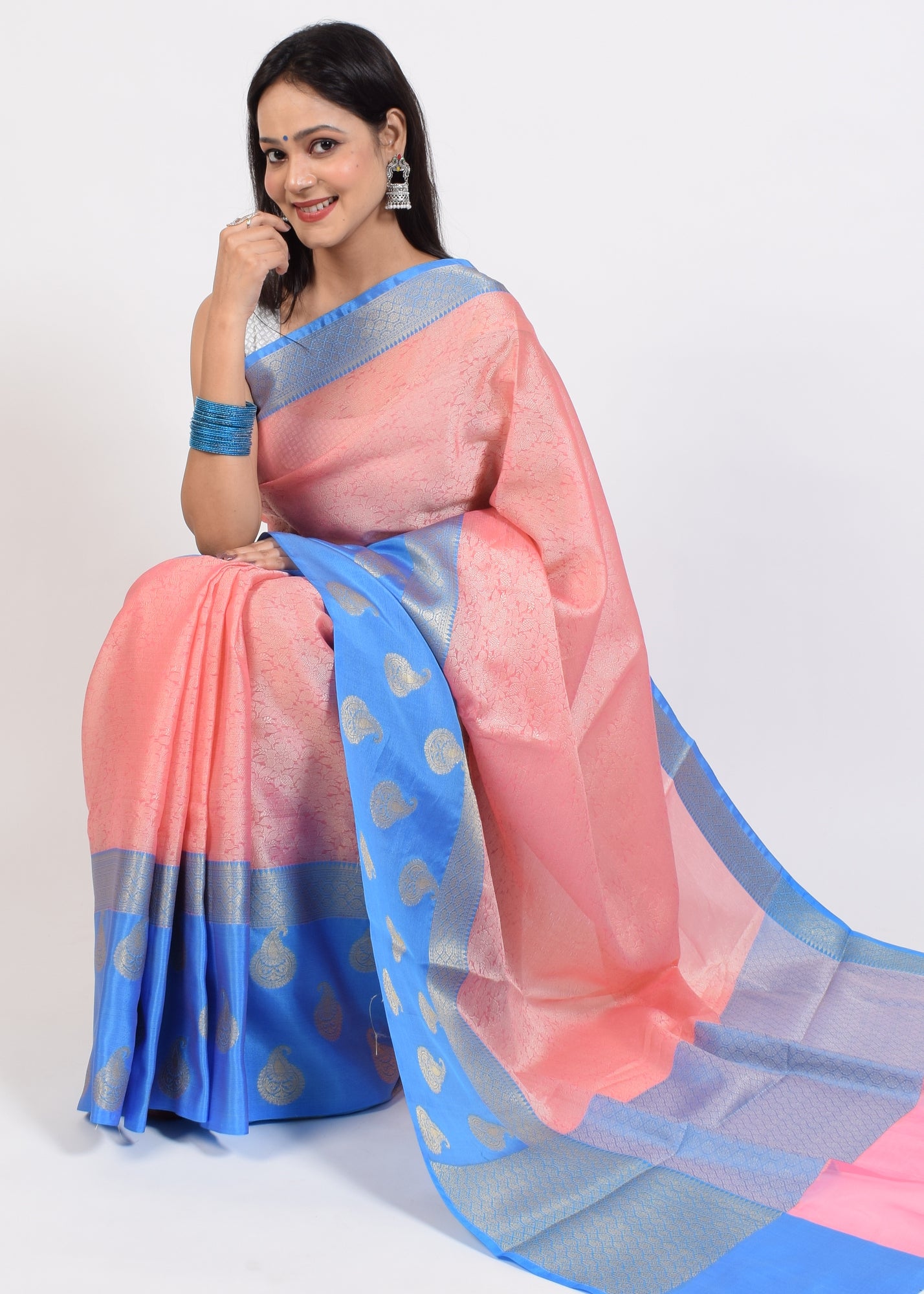 Banarasi Vastra Kora Silk Tanchoi Saree Resham Body Zari Woven Skirt Border Pink