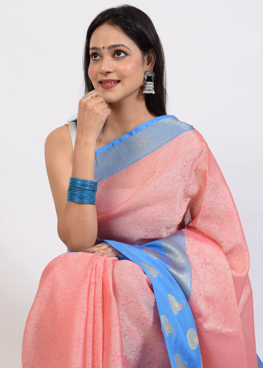 Banarasi Vastra Kora Silk Tanchoi Saree Resham Body Zari Woven Skirt Border Pink