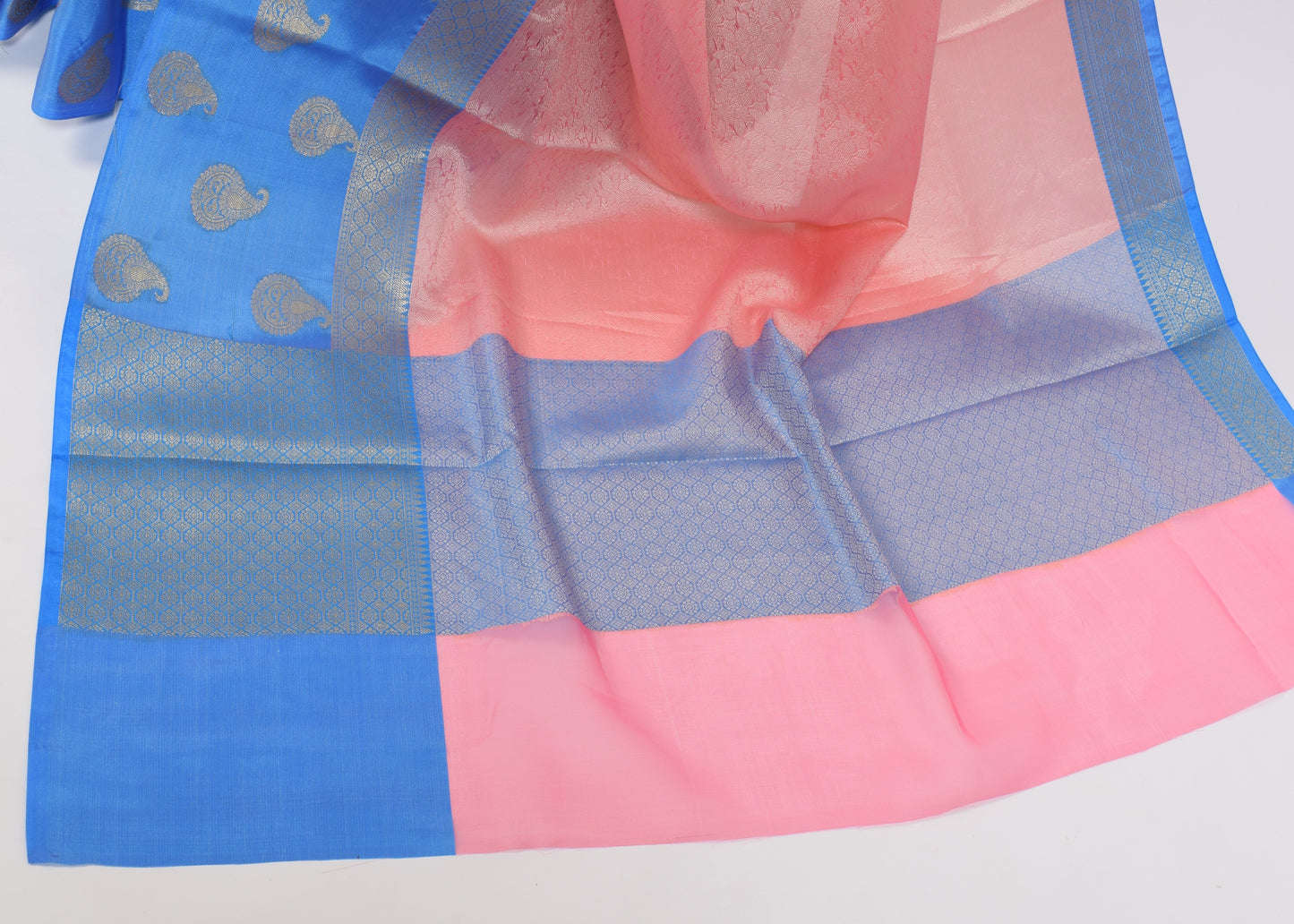 Banarasi Vastra Kora Silk Tanchoi Saree Resham Body Zari Woven Skirt Border Pink