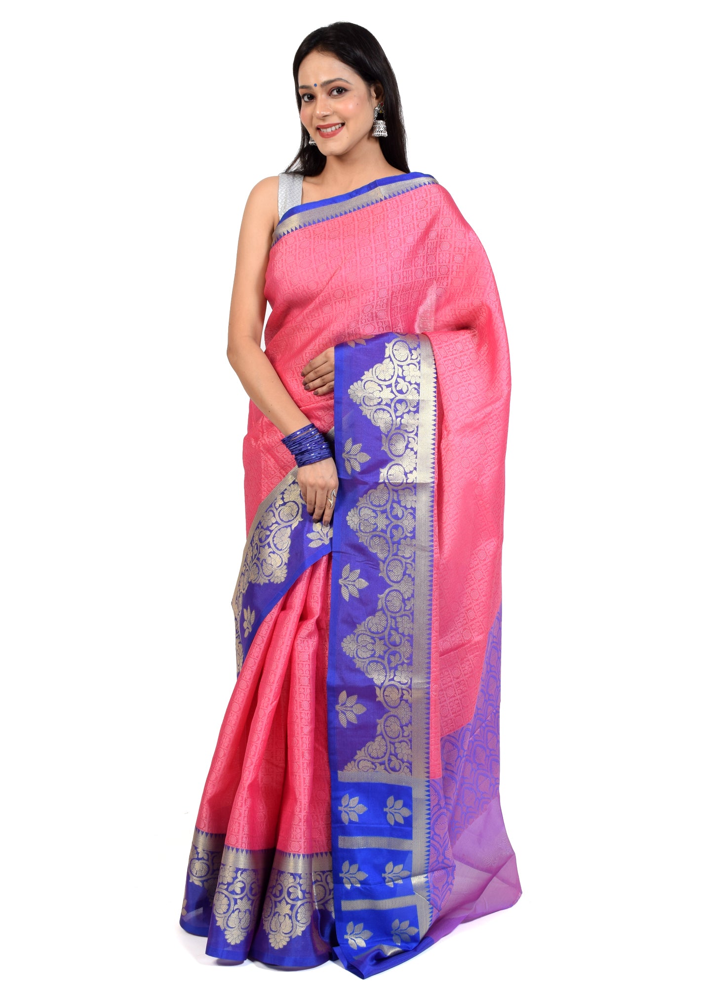 Banarasi Vastra Kora Silk Resham Tanchoi Saree & Zari Woven Skirt Border Pink