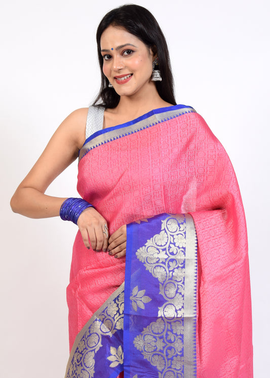 Banarasi Vastra Kora Silk Resham Tanchoi Saree & Zari Woven Skirt Border Pink
