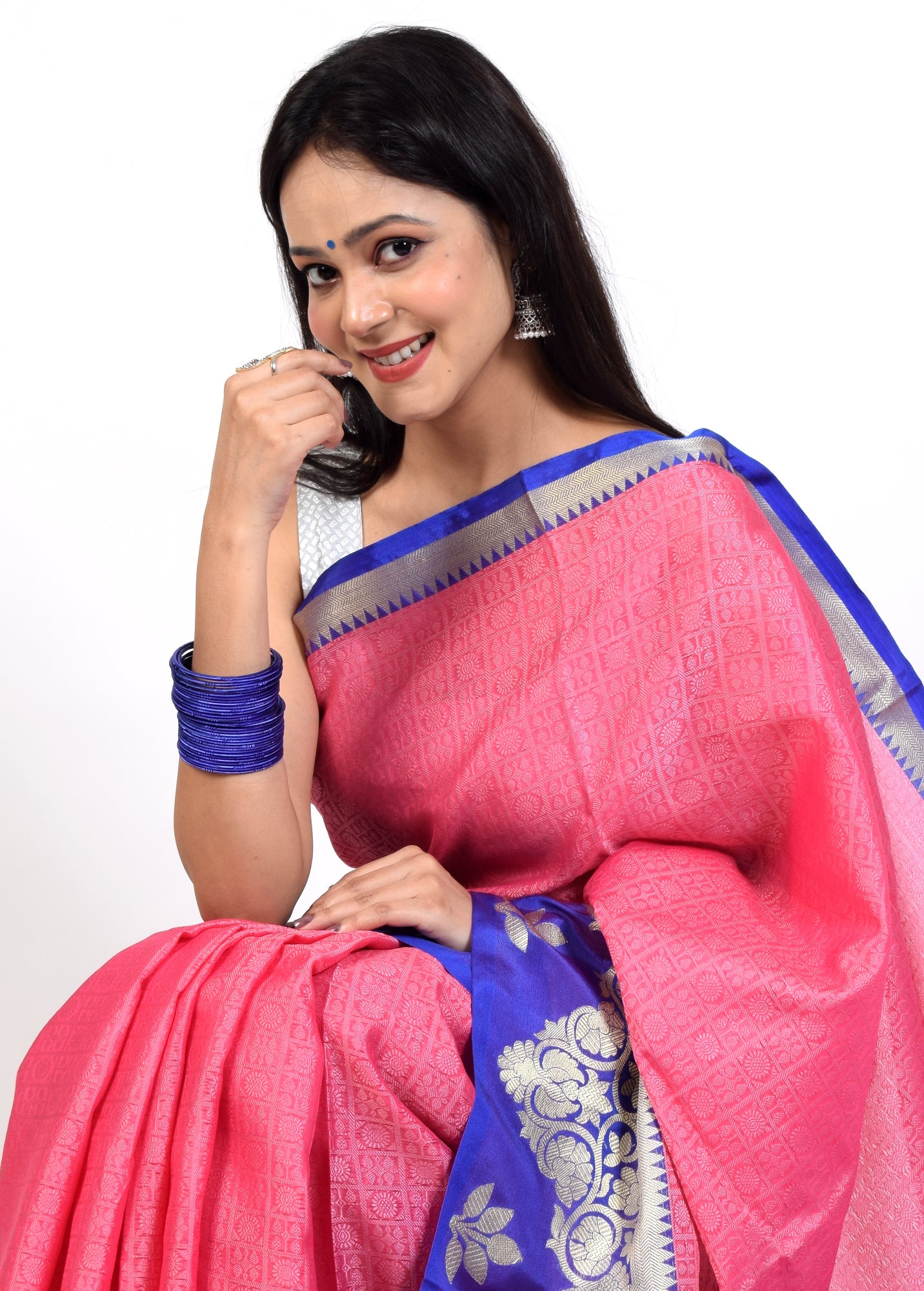 Banarasi Vastra Kora Silk Resham Tanchoi Saree & Zari Woven Skirt Border Pink