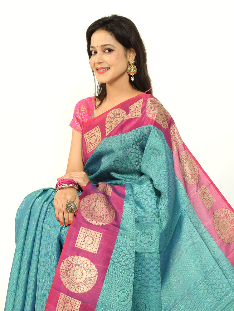 Banarasi Vastra Kora Silk Tanchoi Saree Resham Body Zari Woven Broad Border Pink