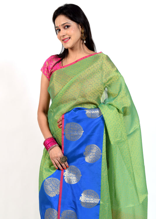 Banarasi Vastra Kora Silk Resham Tanchoi Saree & Zari Woven Skirt Border Green