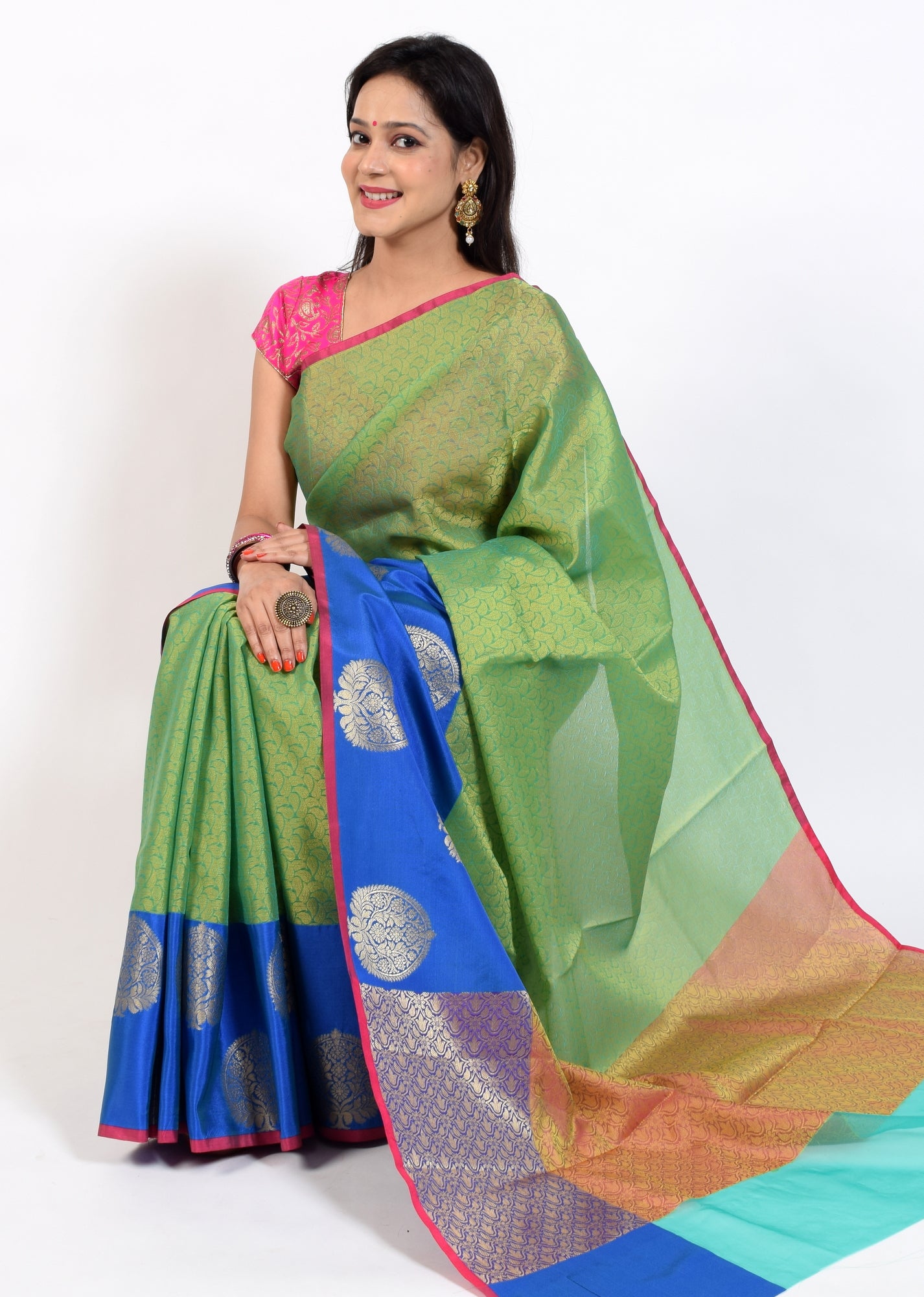 Banarasi Vastra Kora Silk Resham Tanchoi Saree & Zari Woven Skirt Border Green